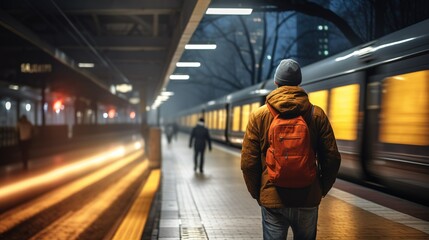 Long exposure picture with lonely young man shot from behind at subway station with blurry moving train and walking people in background - obrazy, fototapety, plakaty