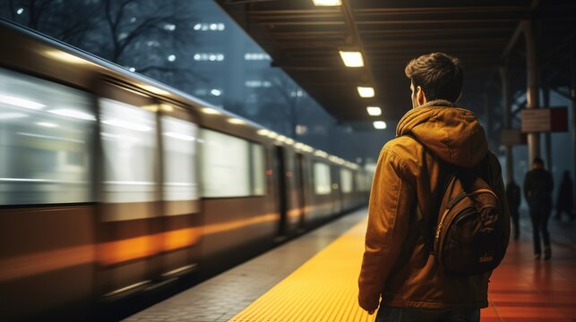 Long exposure picture with lonely young man shot from behind at subway station with blurry moving train and walking people in background
