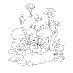 Vector illustration of a little gnome girl sitting with a beetle on a grass background. Outline sketch with a small forest elf in clearing with flowers for a coloring book.