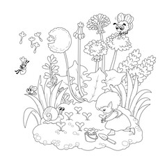 Vector illustration of a little gnome girl planting sprouts. Outline sketch with a small forest elf in clearing with flowers for a coloring book.
