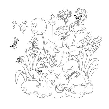 Vector illustration of a little gnome girl planting sprouts. Outline sketch with a small forest elf in clearing with flowers for a coloring book.