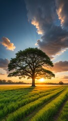 A single tree stands tall against a clouded sunset sky by ai generated
