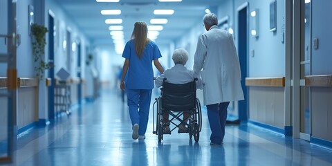 Professional caregivers pushing wheelchair-bound elderly patient along hospital corridor for specialized treatment and care. - obrazy, fototapety, plakaty