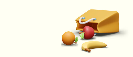 Empty shopping bag, fruit. Realistic apple, banana, orange
