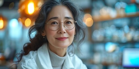 Obraz premium A portrait of a happy, confident Asian businesswoman, exuding professionalism and positivity in a corporate setting.