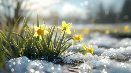 Colorful daffodil flowers and grass growing from the melting snow and sunshine in the background....