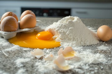 spilled flour and broken eggs on a kitchen counter
