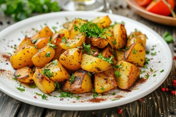 roasted parsley potatoes with herbs on a white plate