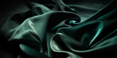 Green Fabric Background. Abstract Dark Green Silk background. Fabric texture, satin, velvet, curtain. Wavy folds. Luxury background for design