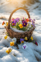 Fototapeta na wymiar Basket with spring flowers and blooms lying on the meadow with the rests of melting snow and grass growing. Concept of spring coming and winter leaving.