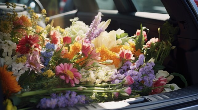 a lot of flowers in car trunk in spring day
