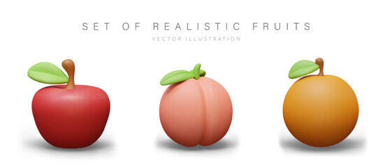 Collection of realistic ripe fruits on white background. Whole apple, peach, orange with leaf