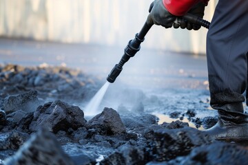 industrial worker using a pressure washer to clean oil off rocks