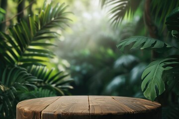 Outdoor wooden podium table blue green monstera tropical jungle plant natural background. for product display presentation.