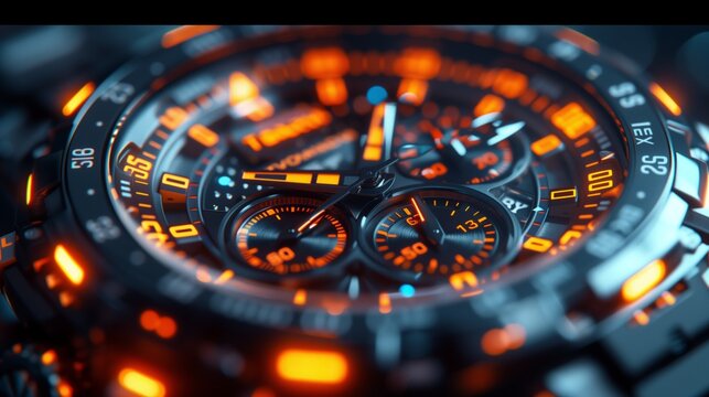 Closeup of a metal watch with electric blue lights in a circle pattern