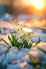 Colorful snowdrop flowers and grass growing from the melting snow and sunshine in the background. Concept of spring coming and winter leaving.