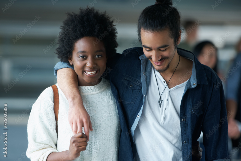 Poster University, college and portrait of couple in hallway for learning, studying and knowledge. Education, academy and black woman and man hug, embrace and walking on campus for bonding, relax and fun