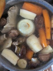 Chicken soup with vegetables and mushrooms. Close up details.
