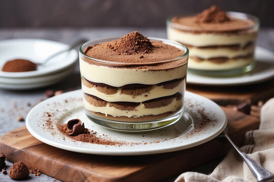 Vegan Tiramisu. Homemade tiramisu in glass on light background. Vegan lactose free dessert, Recipe of healthy organic decert.