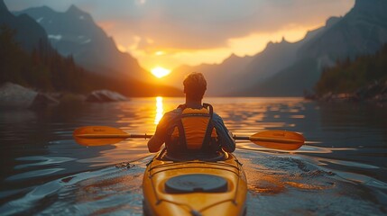 Adventurer kayaks on lake during sunset in sunny summer