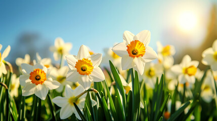 Close-up of yellow daffodil flowers blooming in spring. Bokeh sunny background. Spring landscape concept. Generative AI