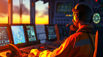 A maritime radio operator monitoring communication channels keeping vessels connected and informed of potential hazards.