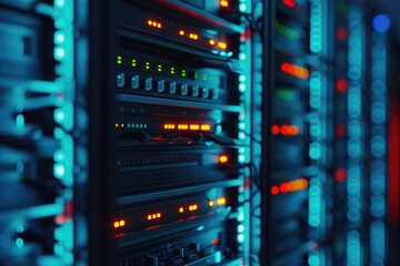 Fototapeta premium Data center and network devices in high performance operation