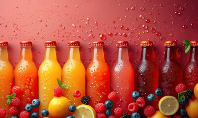 Fruit drinks in bottles on a colored background.