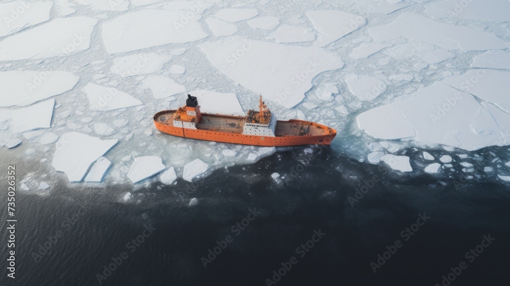 Poster aerial view of an orange boat floating in a frozen ocean with ice.