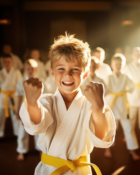 Stolze Karate-Kids zeigen ihre neuen G&uuml;rtel nach der Pr&uuml;fung
