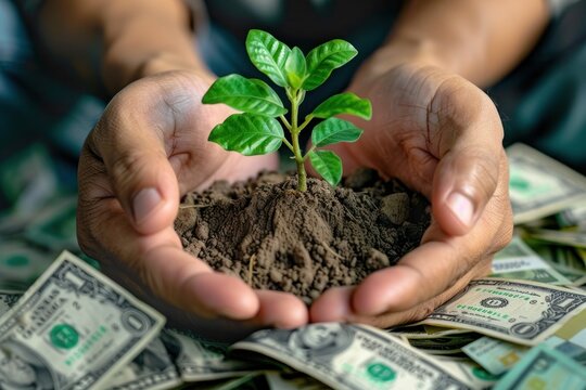 Close-up of hands holding a small tree over a pile of various banknotes, financial growth concept