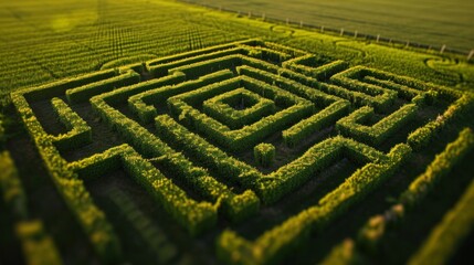 Drone point of view of grass labyrinth on field. Landscape with beautiful textures in the background - obrazy, fototapety, plakaty
