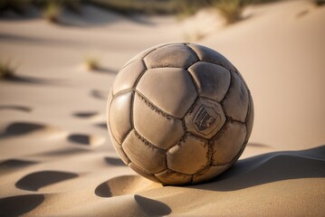 An old soccer ball lies abandoned on the sandy beach by ai generated