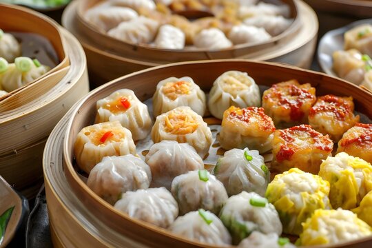 Delve into the intricate details of a Chinese dim sum selection, capturing the traditional style and flavors in a perfect stock photo presentation.