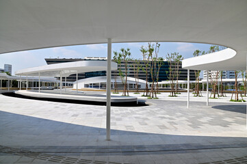 BANGKOK, THAILAND - February 14, 2024: New Parking Building D with a beautiful connecting road go to Government Complex (A Building), Thailand.