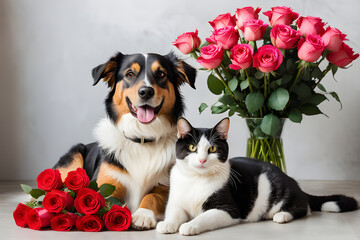 A dog and a cat smiling with a bouquet of roses. Generative AI