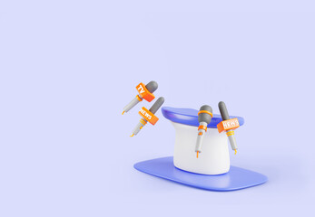 3d render press conference table with news microphones banner. Podium or tribune for journalist interview, meeting media or tv on blue background. Business presentation speech stand. 3D illustration