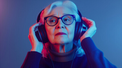 elderly woman wearing headphones