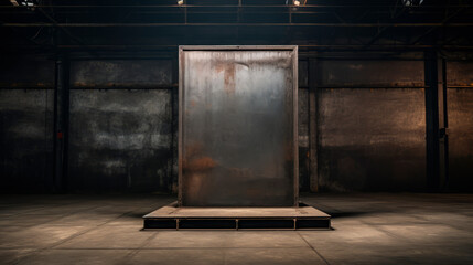 A minimalist metallic block on a reflective surface and dark background, evoking modern art and...