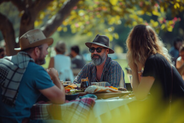 Man having lunch in a park with friends - obrazy, fototapety, plakaty