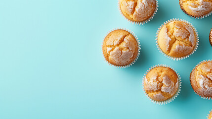 vanilla muffins on blue background - obrazy, fototapety, plakaty