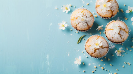 vanilla muffins on blue background - obrazy, fototapety, plakaty