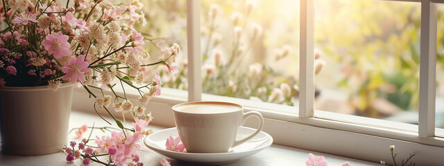 a cup of delicious aromatic coffee on the windowsill