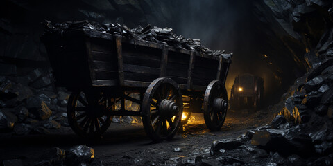 A cart full of rocks is shown with a black background, Mineral Bounty: Stones in Cart Displayed on Dark Background