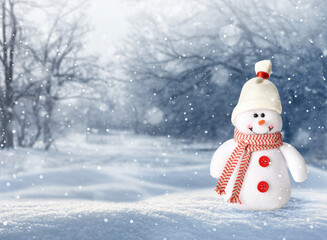 Cute decorative snowman in hat and scarf outdoors on snowy day, space for text