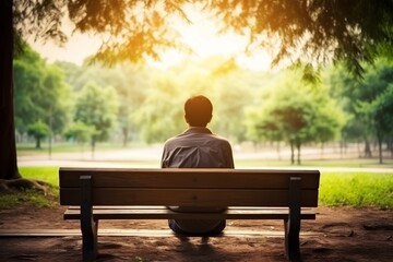 Fototapeta premium Man sitting on a bench alone, in the park, in sunlight, quiet luxury concept