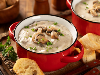 Bowls of creamy mushroom soup with sliced mushrooms and parsley