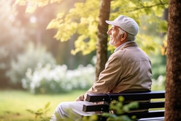 Elderly man with a grey beard sitting on a bench alone, in the park, quiet luxury concept, copy space