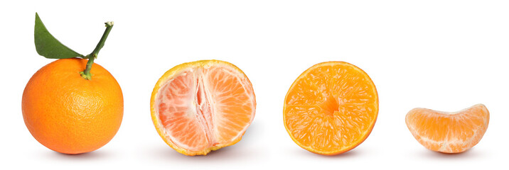 Peeling ripe tangerine on white background, collage
