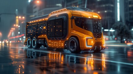 Futuristic bus with automotive lighting navigating wet city street at night